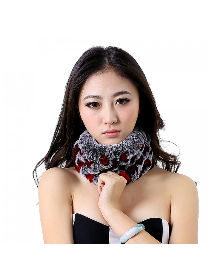 URSFUR Women's Rex Rabbit Fur Knit Cowl / Headband Multicolor - Red & Gray - CA11NF0PPLN