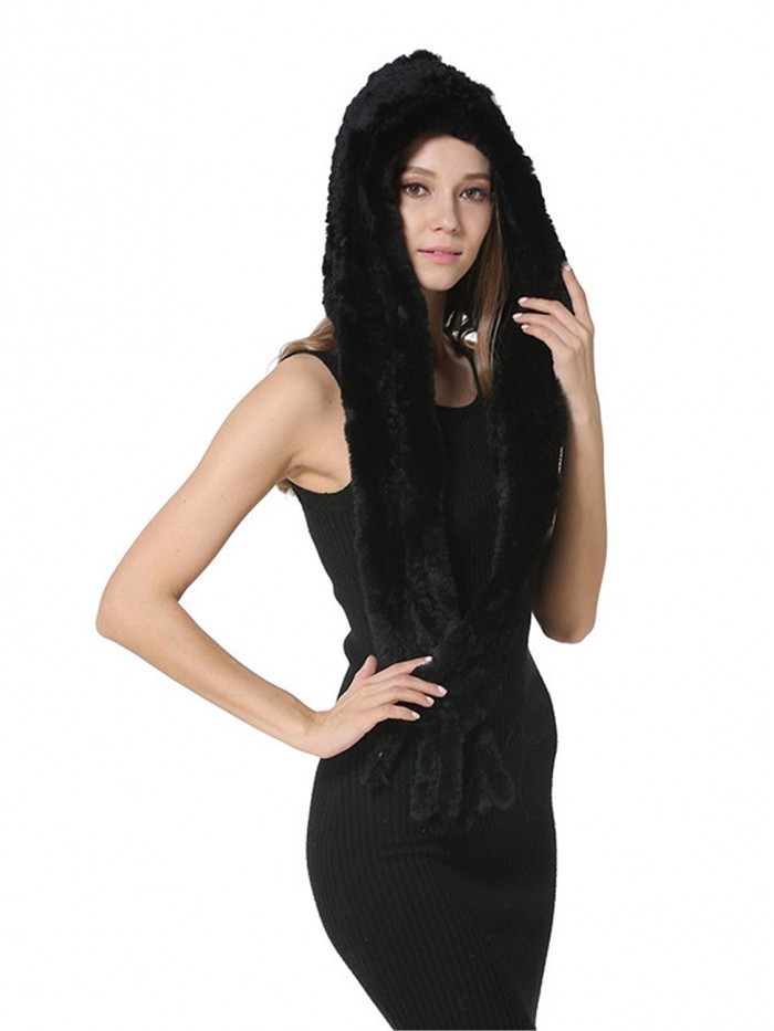 MEEFUR Knitted Real Fur Shawls Warm Wrap Hat Earmuffs Rex Rabbit Fur Hoody Scarves - Black - C1182AT7OSZ