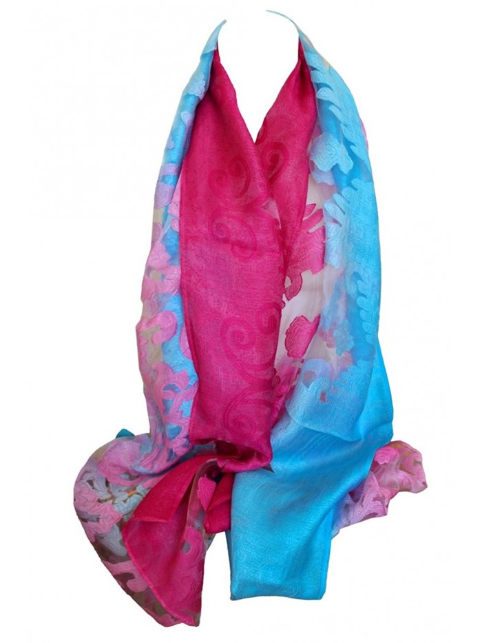 Plush Embossed Floral Print Silky Soft Organza Scarf Shawl Wrap Stole Head Scarves - Pink Blue - C817Z4I7SZ9