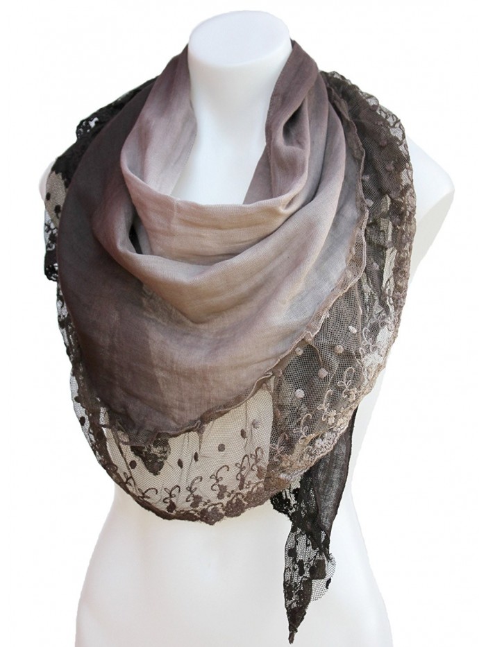 Terra Nomad Women's Vintage Inspired Ombre' Triangle Scarf with Sheer Lace Trim - Brown - CB11HU56BTT