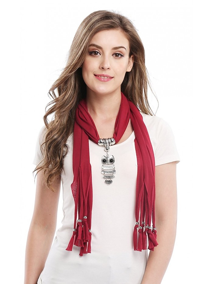 Elegant Charm Owl Pendant Jewelry Necklace Scarf - Burgundy - C111SNZWPLN