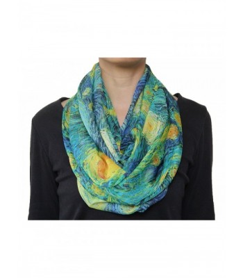 Fabulous Starry Night Van Gogh Yellow Star Moon Print Chiffon Infinity Scarf Blue - CV128B1N1CZ