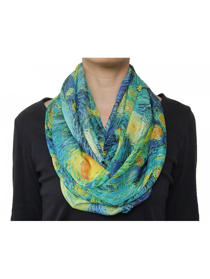 Fabulous Starry Night Van Gogh Yellow Star Moon Print Chiffon Infinity Scarf Blue - CV128B1N1CZ