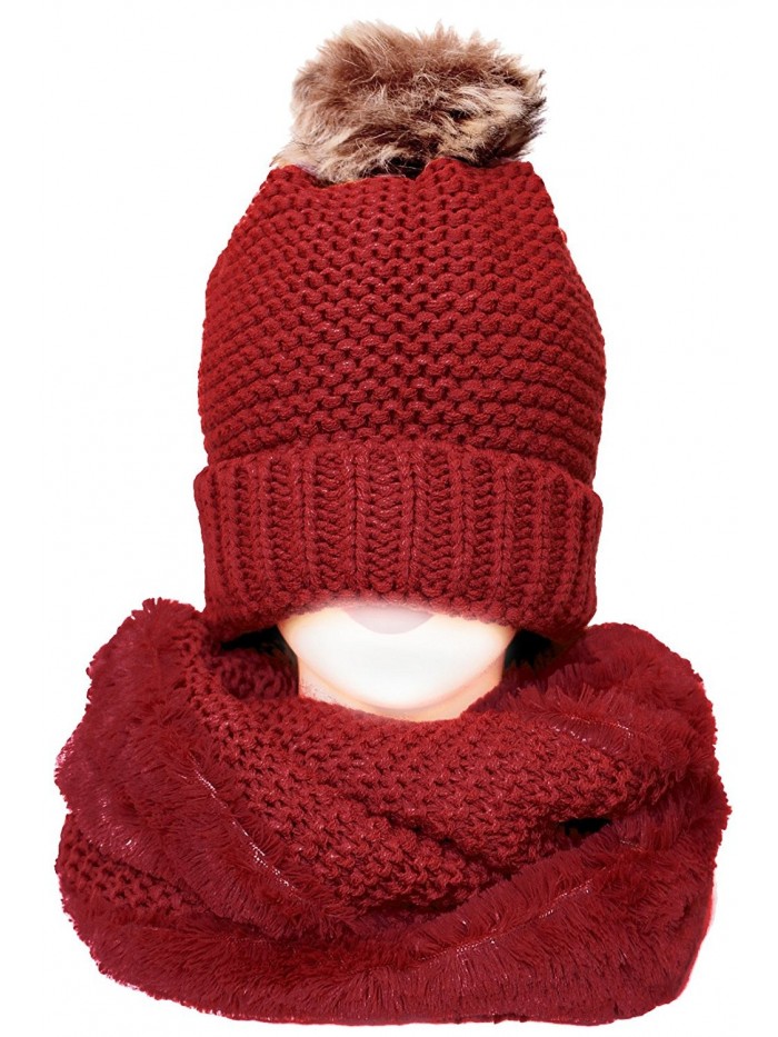 KMystic Thick Winter Slouch Hat and Infinity Scarf Set - Fur Pom Red - CP187409GKK