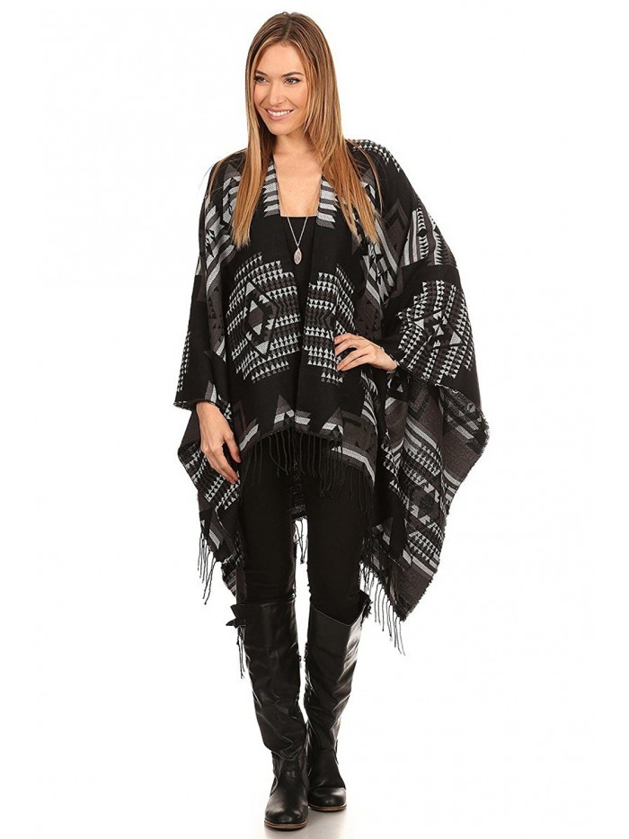 Aris Southwestern Navajo Tribal Blanket Aztec Scarf Poncho Cardigan Cape & Storage Bag - Grey Multi - CA12O1E87NG