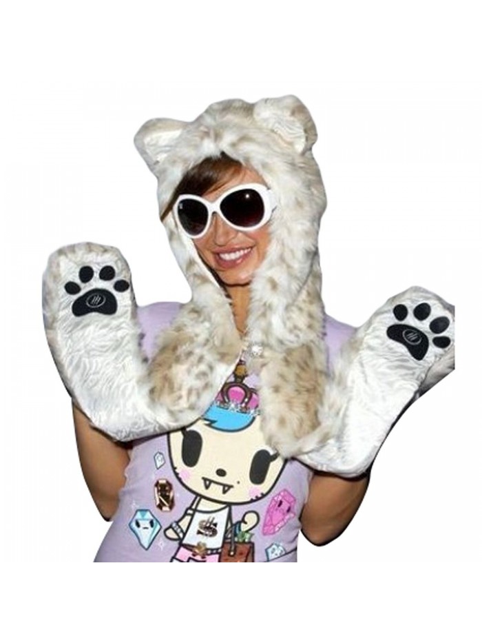 Julvie Faux Fur Full Animal Hood Hoodie Hat 3-in-1 Mittens Scarf Spirit Paws Ears - Snowleopard - CE12NTKQFUQ
