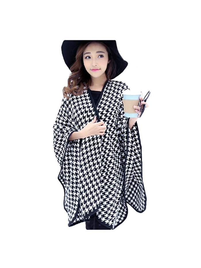 Women Houndstooth Cloak Scarf Slit Long Pashmina Shawl Knit Cape - Black - CK11T784OXR