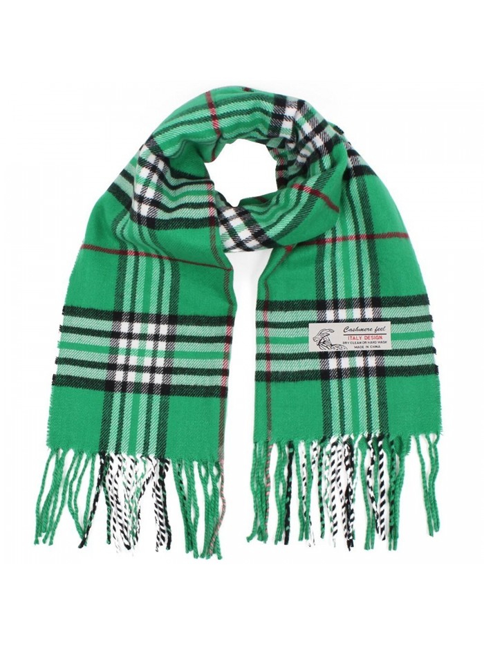 Soft Plaid Check Winter Scarf Warm Oblong 12"x72" Fringe Unisex - Green - C1180HDE5WQ