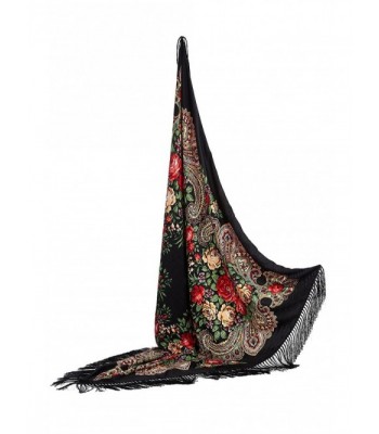 Ladies Oversized Floral Shawl With Tassels Ukrainian Polish Russian Wrap 51" x 51" - Black - CO17YLUU5KN