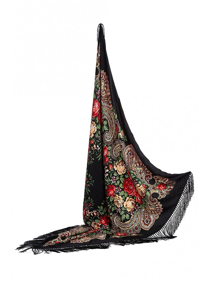 Ladies Oversized Floral Shawl With Tassels Ukrainian Polish Russian Wrap 51" x 51" - Black - CO17YLUU5KN