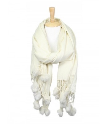 Women's Winter Warm Solid Oblong Scarf with Pom Pom Fringe - Ivory - C8188LEQDK5