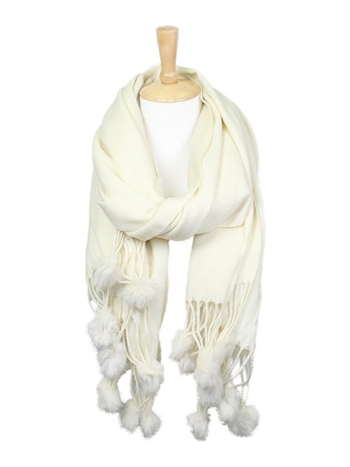 Women's Winter Warm Solid Oblong Scarf with Pom Pom Fringe - Ivory - C8188LEQDK5