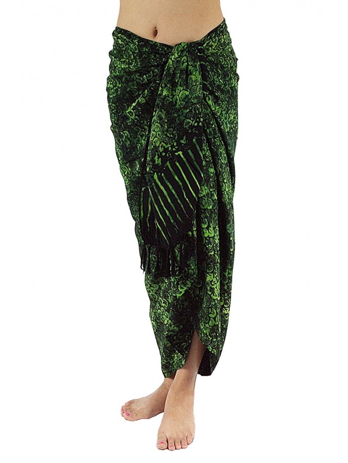 Lotus Resort Wear Handcrafted Batik Sarong- Pareo- Scarf- Bathing Suit Wrap- Bikini Cover up From Bali - Green - CG11MVIFAFZ