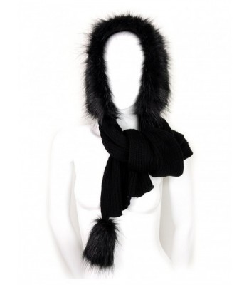 Futrzane Women Hooded Scarf Hat Knitted Wool Faux Fox Fur Long Warm - Black - Black - CD11GG6EUCD
