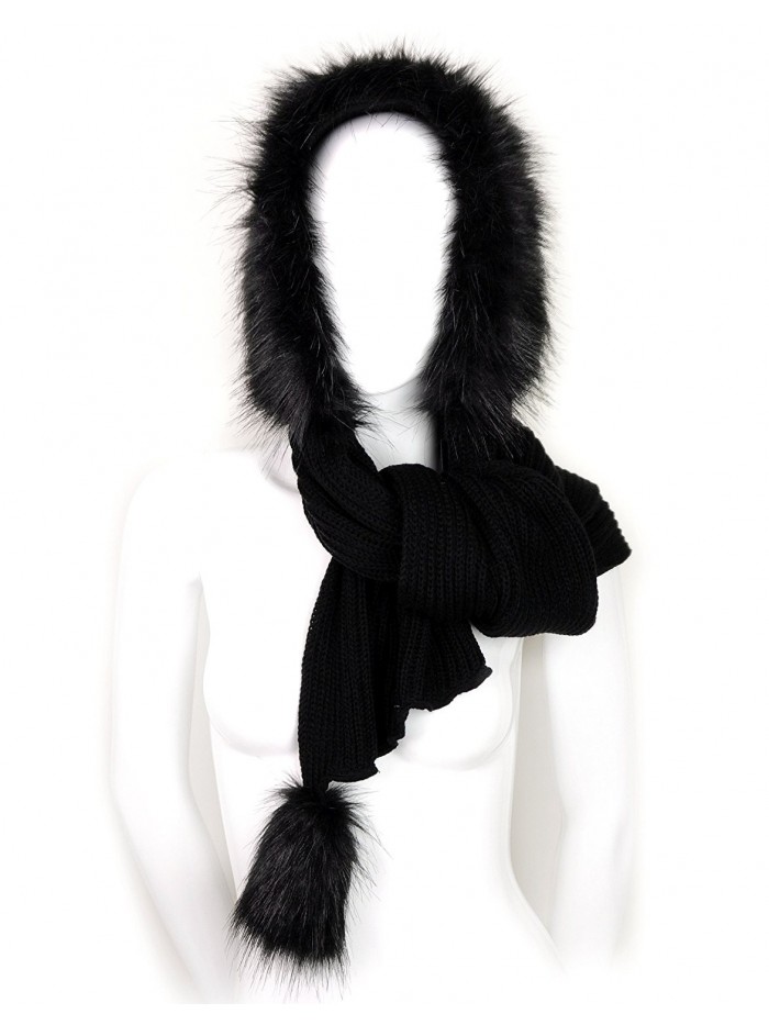 Futrzane Women Hooded Scarf Hat Knitted Wool Faux Fox Fur Long Warm - Black - Black - CD11GG6EUCD