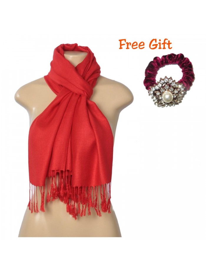 Elegant Pashmina Silk Blend Soft Wrap Scarf Shawl For Women - Solid Colors " FREE GIFT " - Red - CX1852EED2W