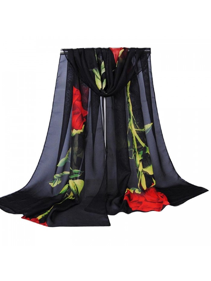TONSEE Fashion Women Rose Print Chiffon Wrap Shawl Scarf - Black - CG12MABTYFC