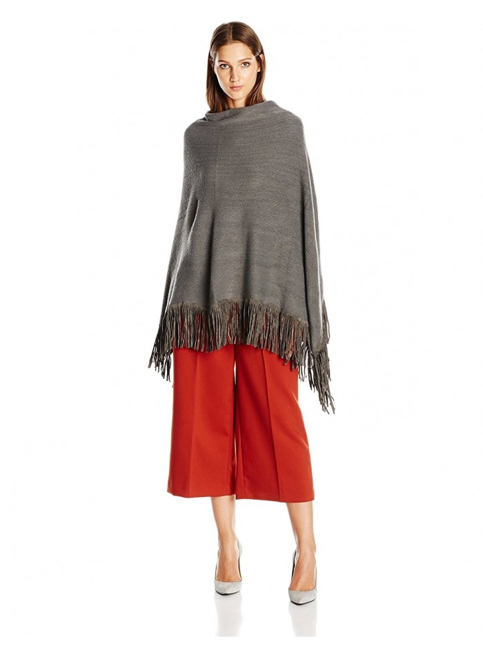 La Fiorentina Women's Soft Poncho with Faux Suede Fringe - Gray - CF11DX0R7N9