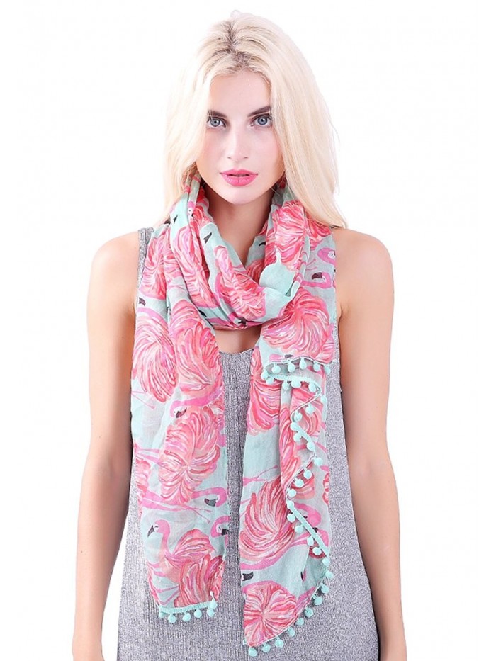 MissShorthair Flamingo Print Scarf with Tassels for Women - 1 Turquoise - CH12NRGC094