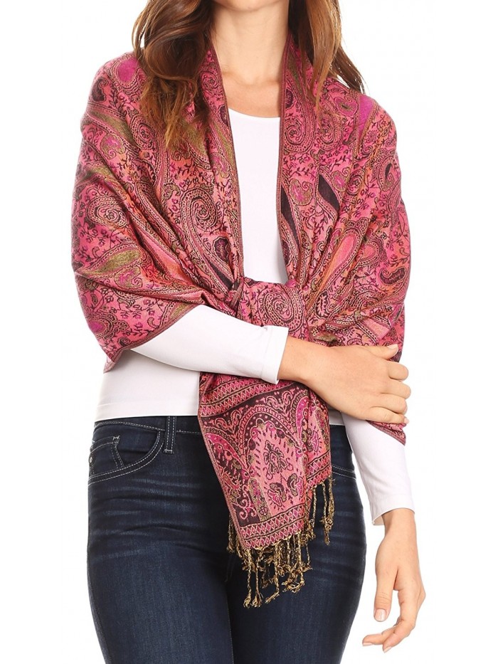 Sakkas Kalin Long Wide Woven Patterned Fringe Tassel Pashmina Shawl / Scarf - Pink / Black - C71822UTDZD