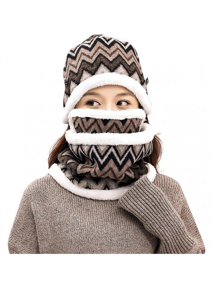 Winter Beanie Hat Scarf and Mask Set 3 Pieces Thick Warm Slouchy Knit Cap - Ripple_khaki - CZ188NI8LSX