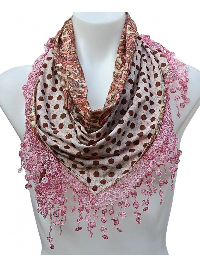 Terra Nomad Women's Girls Double Sided Paisley Polka Dots Triangle Scarf w/ Lace Trim - Rose - CC11HNRTWP9