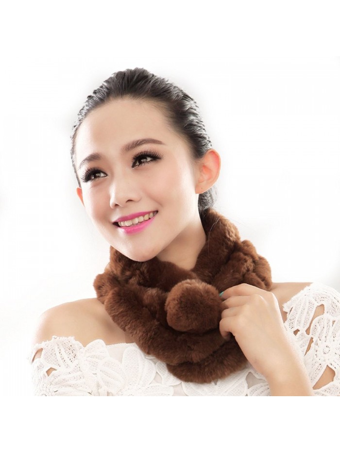 URSFUR Women Winter Fur Pull Through Scarf Soft Rabbit Pom Neck Collar Scarves - Brown - C111FG59Z6B