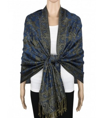 Achillea Soft Silky Reversible Paisley Pashmina Shawl Wrap Scarf w/ Fringes 80" x 28" - Light Navy - CB187N9YSUH