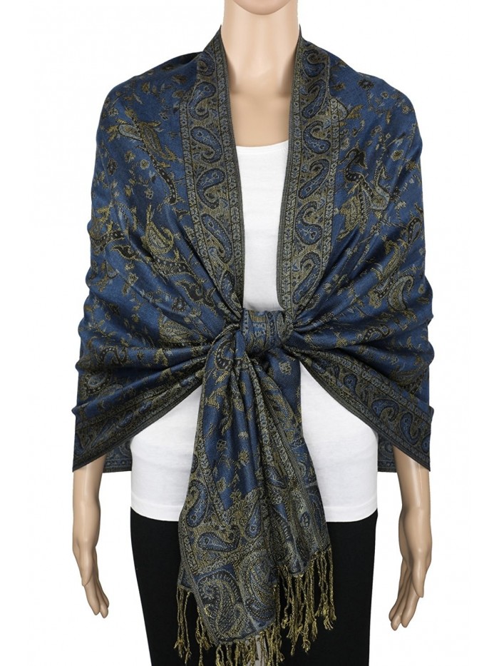 Achillea Soft Silky Reversible Paisley Pashmina Shawl Wrap Scarf w/ Fringes 80" x 28" - Light Navy - CB187N9YSUH