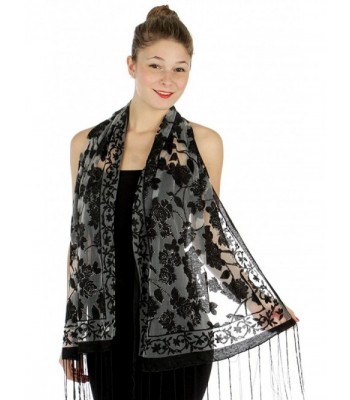 Sheer-Delights Rose Fringed Evening Wrap Shawl Scarf Black Silver - CQ11V2TLUMR