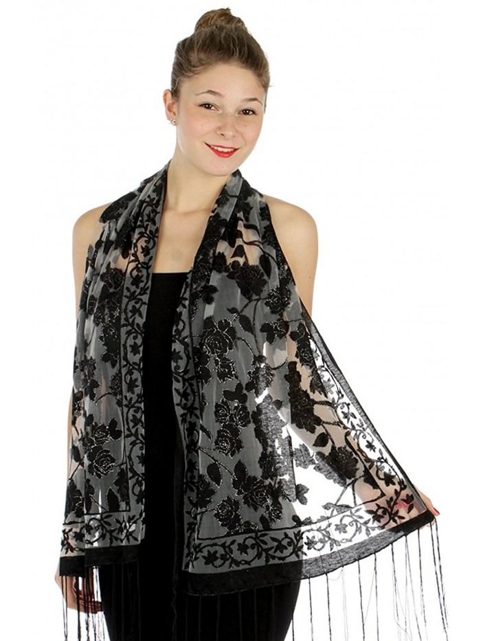 Sheer-Delights Rose Fringed Evening Wrap Shawl Scarf Black Silver - CQ11V2TLUMR