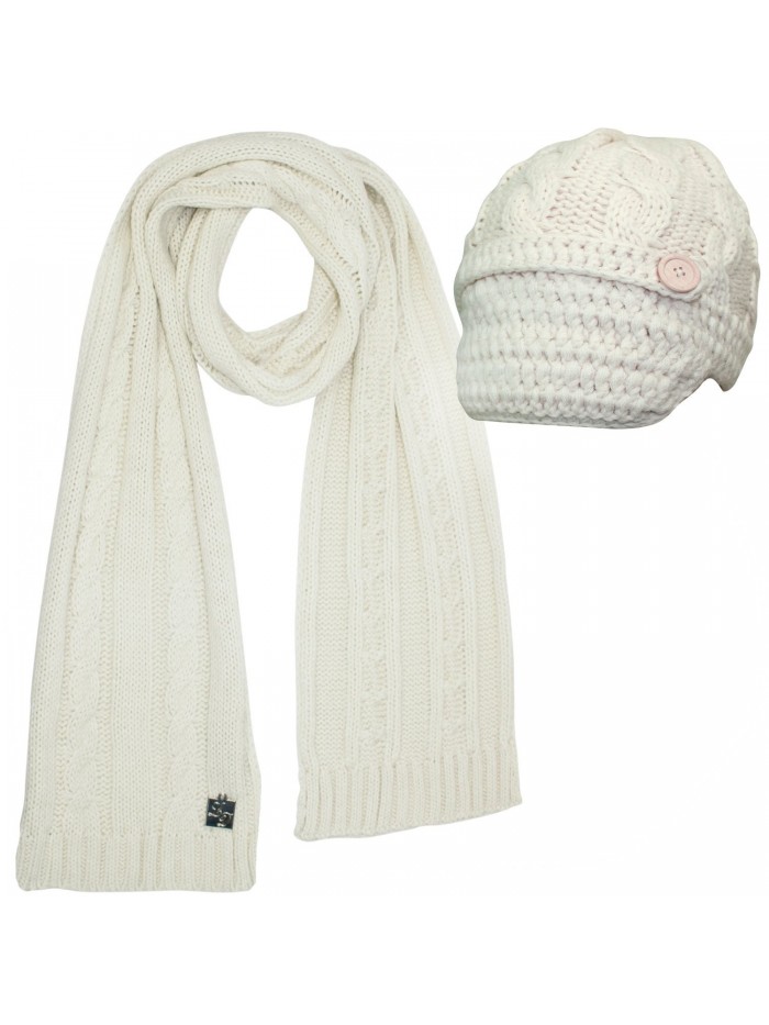Cable Knit Newsboy Cabbie Hat & Scarf Matching Set - Ivory - CX11QMSC2EX