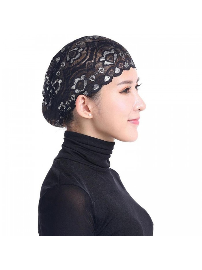 Qingfan Women Muslim Hijab Ruffle Cancer Chemo Elegant Lace Hat Beanie Scarf Turban Head Wrap Cap - Black - C6186OMRY8Y
