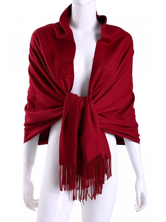 MuNiSa Women's Large Soft Pashmina Cashmere Blend Shawls Wrap Stole Scarf with Tassel - Burgundy - CM186RZ9XIN