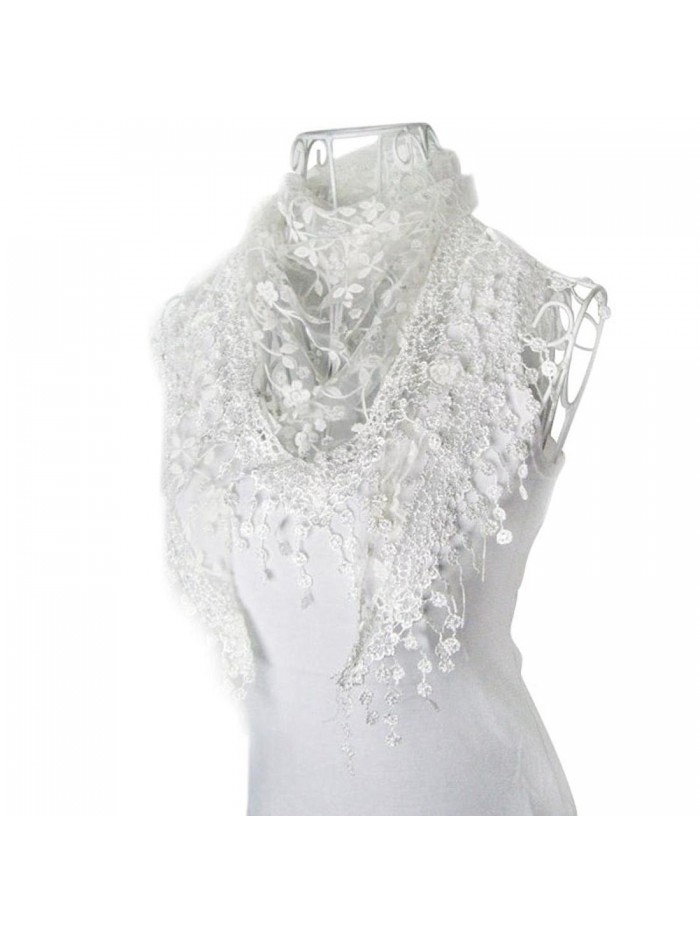 DZT1968 Autumn Winter Women Girl Sweet Lace Triangle Shawl Scarf With Tassels (White) - CT12599UJEF