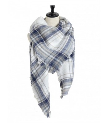 Sundayrose Plaid Blanket Scarf Oversized Square Tartan Shawl Wrap - Blue White - CZ17XMHOX78