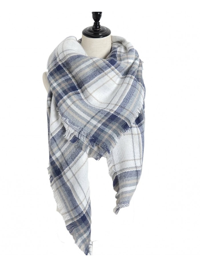 Sundayrose Plaid Blanket Scarf Oversized Square Tartan Shawl Wrap - Blue White - CZ17XMHOX78