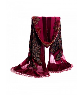 COCONEEN Peacock Embroidered Beads Long Scarf Shawls - Wine Red - C41218850EF