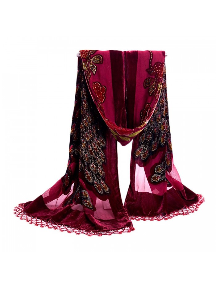 COCONEEN Peacock Embroidered Beads Long Scarf Shawls - Wine Red - C41218850EF