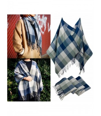 Oct17 Women's Plaid Scarf Blanket Shawl Grid Winter Cozy Tartan Wrap with Fringe - Blue Gray - CN1882YWYK7