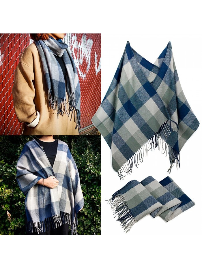 Oct17 Women's Plaid Scarf Blanket Shawl Grid Winter Cozy Tartan Wrap with Fringe - Blue Gray - CN1882YWYK7