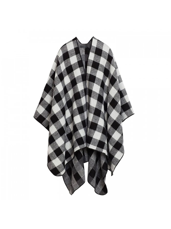 Manzocha Stylish British Plaid Thick Shawl Cape Poncho Cardigan Coat Keep Warm - Whiteblack - C512N4TKOKN