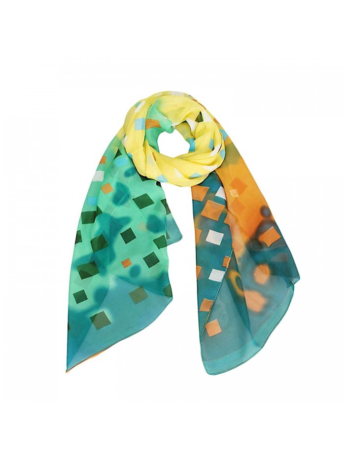 Women's Light and Bright Grid Design Scarf and Shawl - Blue / Yellow / Green - CU12N5KRXNJ