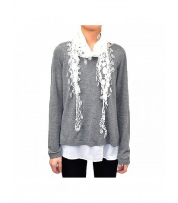 Lace Scarf with Polka Dot Print & Fishnet Fringe - White - CM12BWFRLVT