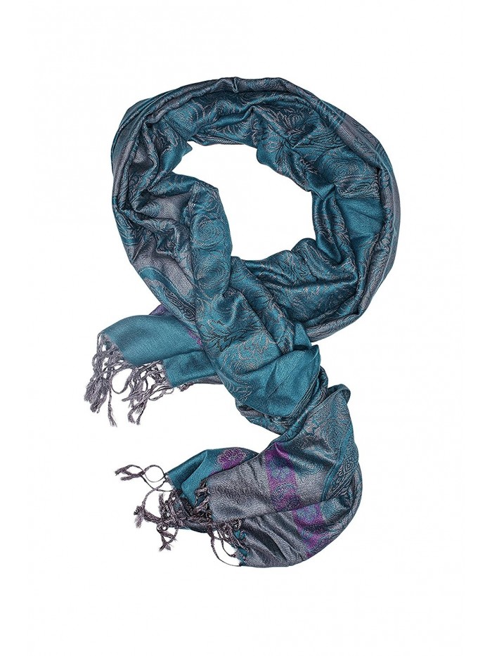 Ladies Pashmina Shawl Paisley Scarf Wrap With Fringe Fashion Scarves For Women (teal blue- gray- purple) - C312N2Q1B25