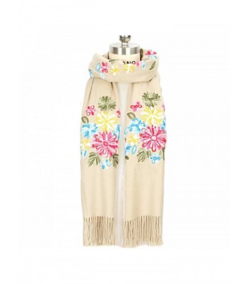 LOUISE&FIONA Women Scarves Floral Embroidery Tassels Cashmere Feel Scarf Wrap Shawl - Beige - CJ187EU20OY