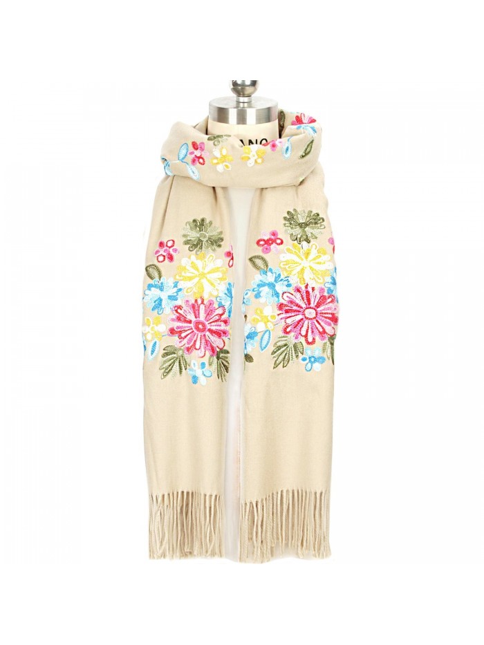 LOUISE&FIONA Women Scarves Floral Embroidery Tassels Cashmere Feel Scarf Wrap Shawl - Beige - CJ187EU20OY