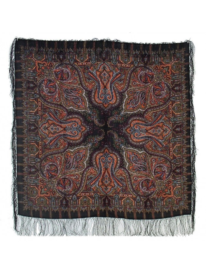 Pavlovoposadskiy Platok Women's Russian Wool Shawl With Silk Fringes - Black - CE11NKTZ8CP