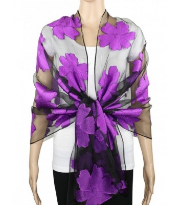 Achillea Sheer Burnout Scarf Shawl Beach Cover-up w/ Embroidered Floral Pattern - Floral Purple - C6183NNYMRG