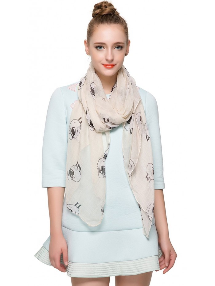 HUAN XUN Soft Lightweight Fox Moose Horse Print Animal Scarf Infinity Loops - Sheep - Ivory White - CV123TE0WI5